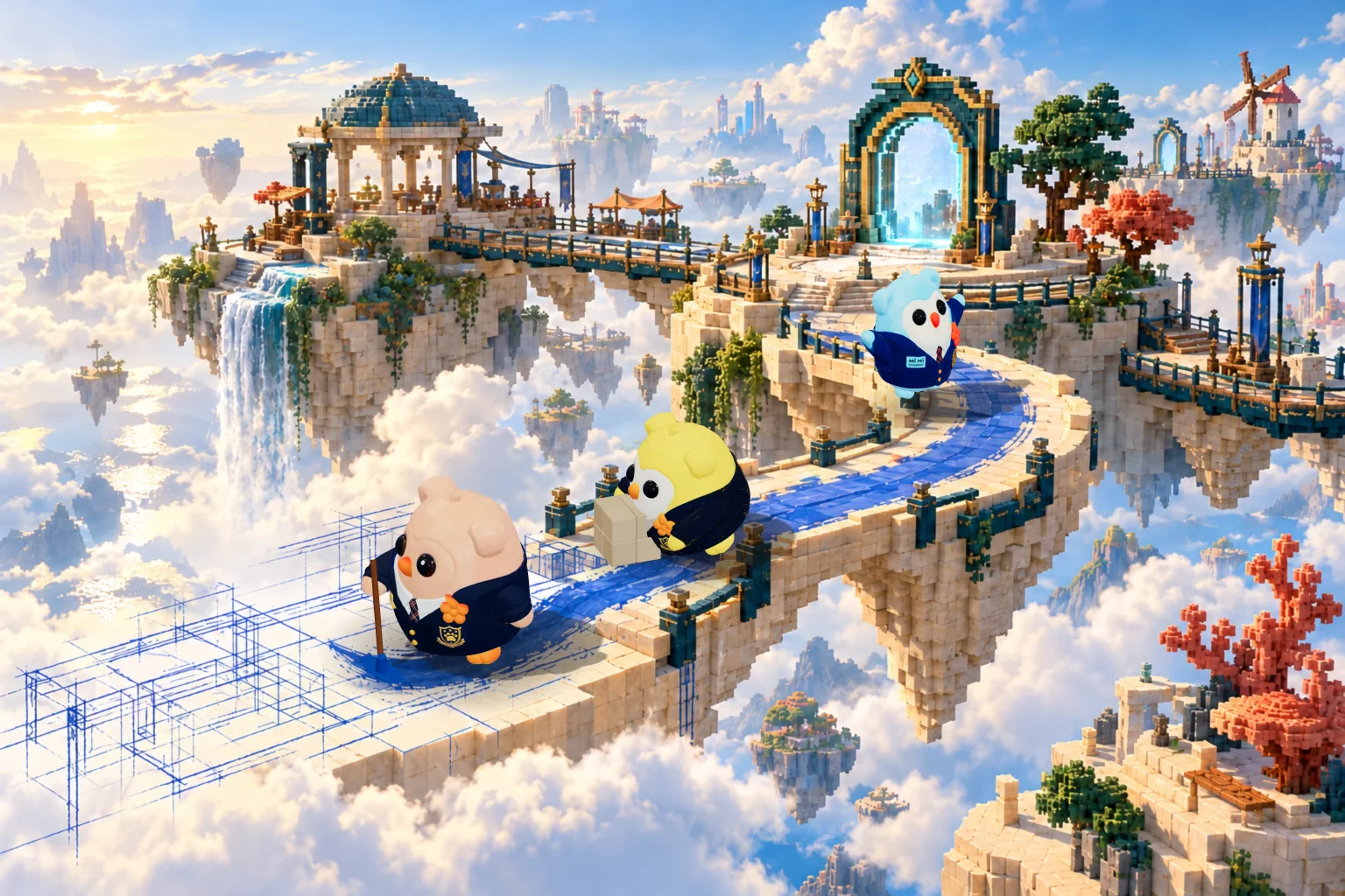 mi mi characters explore a custom drawn path between floating islands