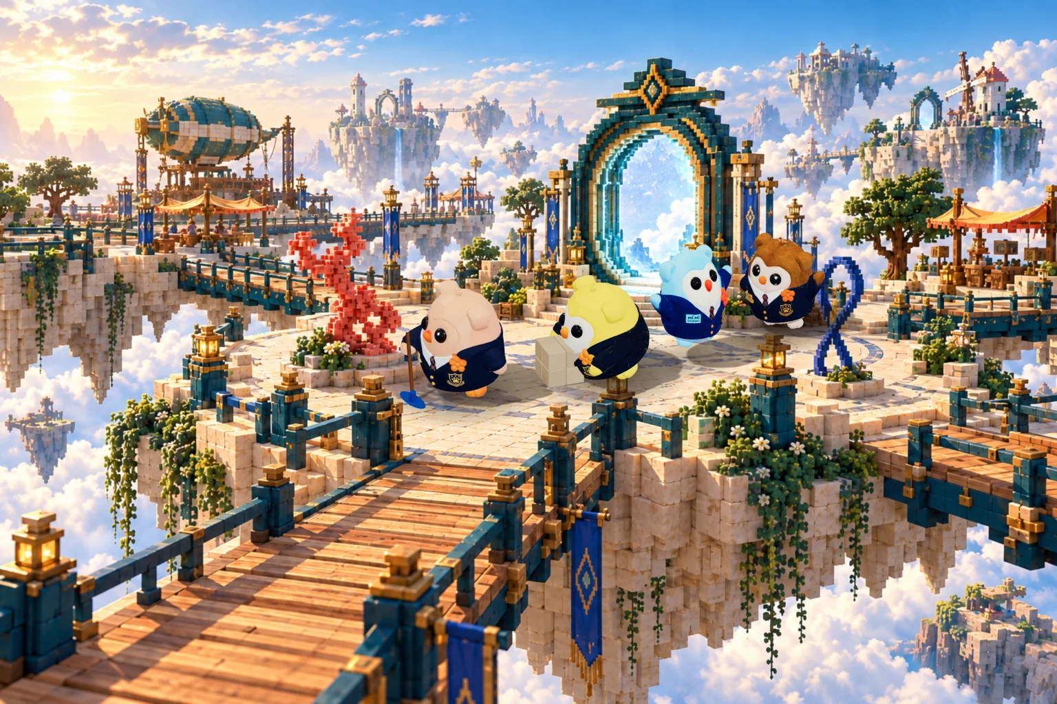 mi mi friends meet in a sky harbour with bridges and a portal