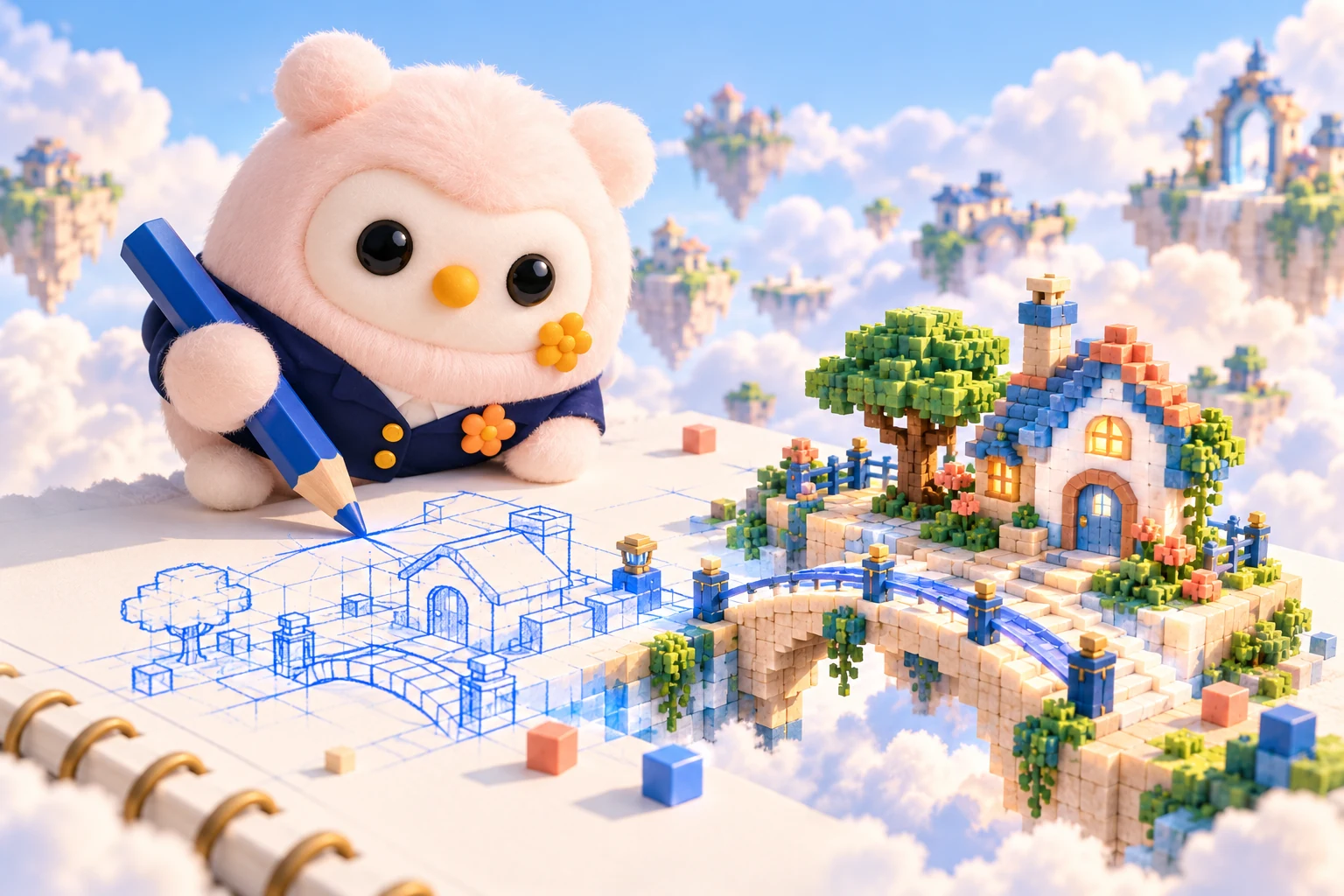Pink mi mi draws a house and bridge that turn from a blue sketch into a 3D creation