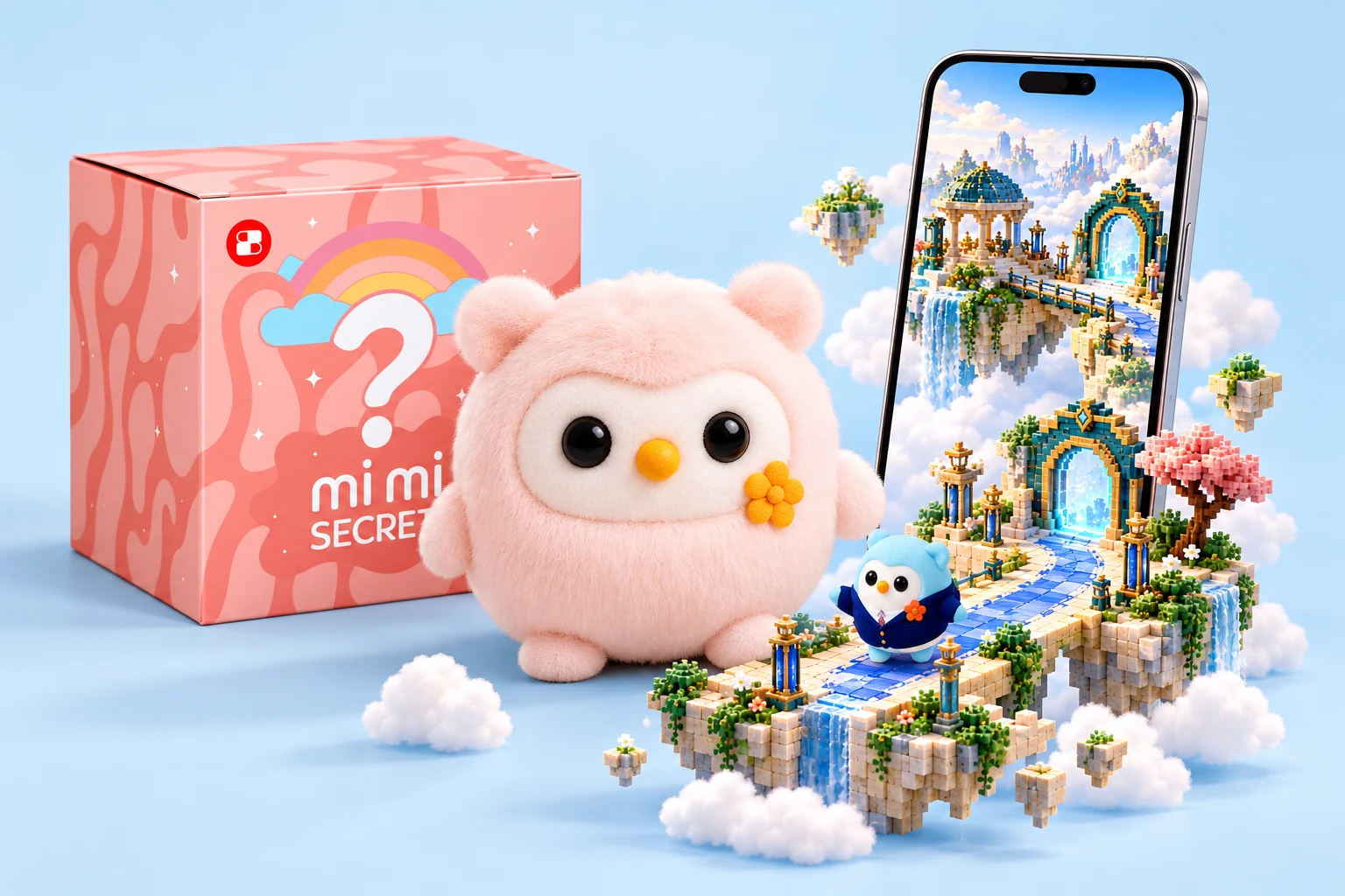 Pink mi mi plush beside its coral surprise box and a phone opening into a creative game world