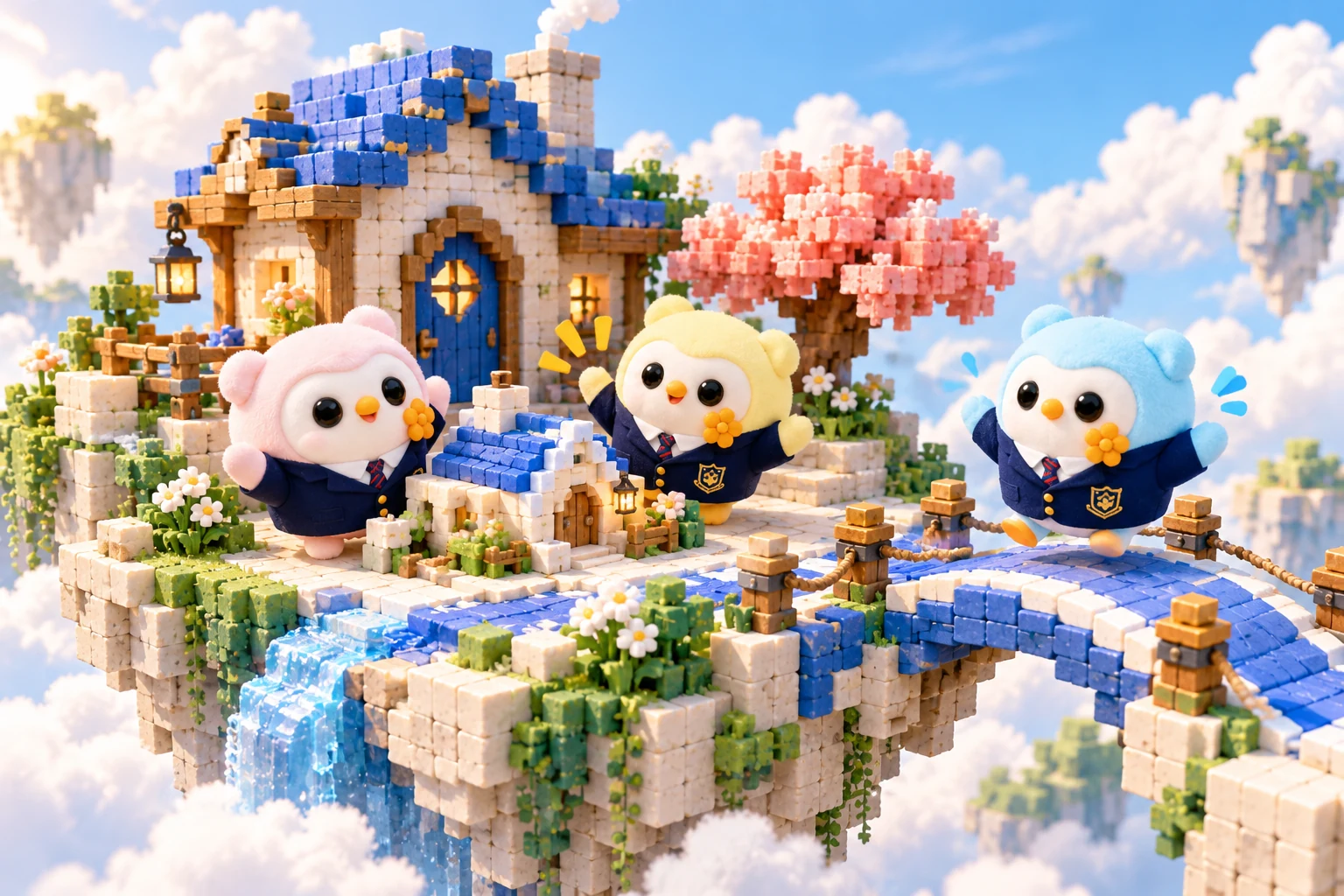 Pink, blue and yellow mi mi friends playing together on a floating island they have built
